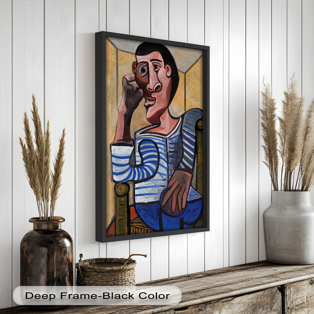 Melancholy in Stripes – Seated Man with Blue Shirt Picasso Oil Painting