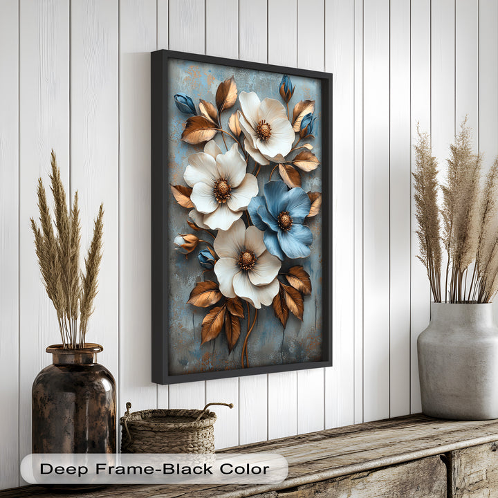 Gilded Petals – Luxuriöses Ölgemälde mit weißen und blauen Blumen