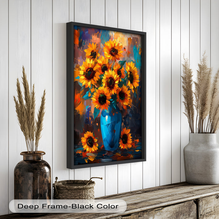 Sunlit Joy – Bold Sunflowers in Blue Vase Oil Painting
