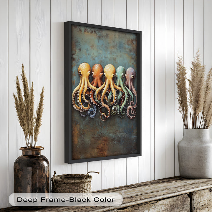 Whimsical Row of Octopuses – Colorful Sea Life Animal Oil Painting