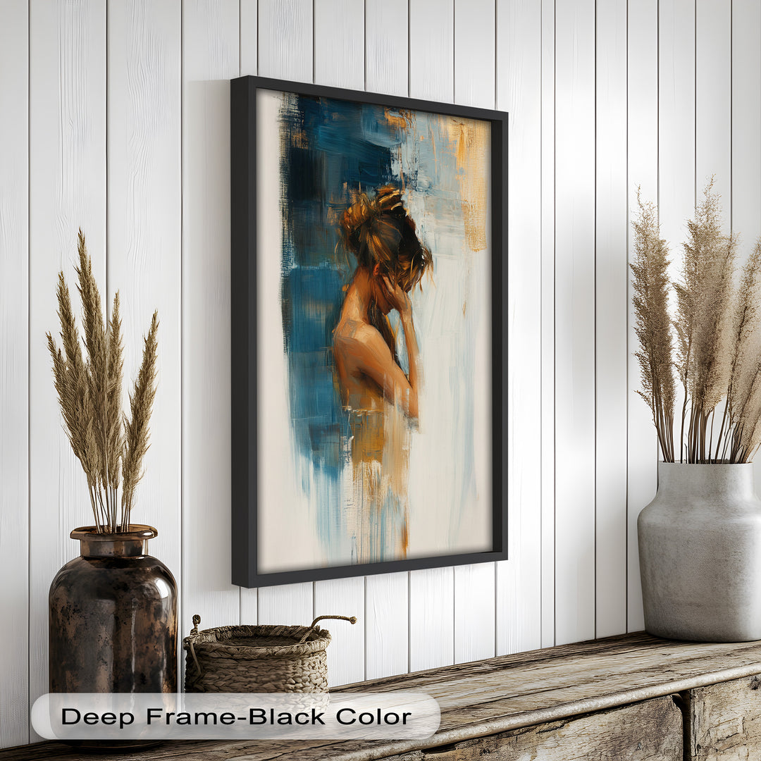 Veil of Thought – Introspective Woman in Blue and Gold Abstract Oil Painting