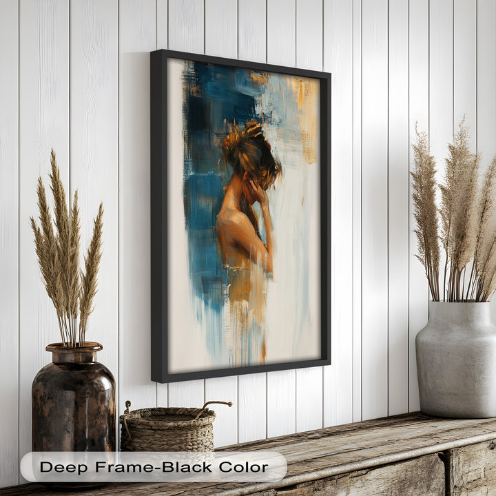 Veil of Thought – Introspective Woman in Blue and Gold Abstract Oil Painting