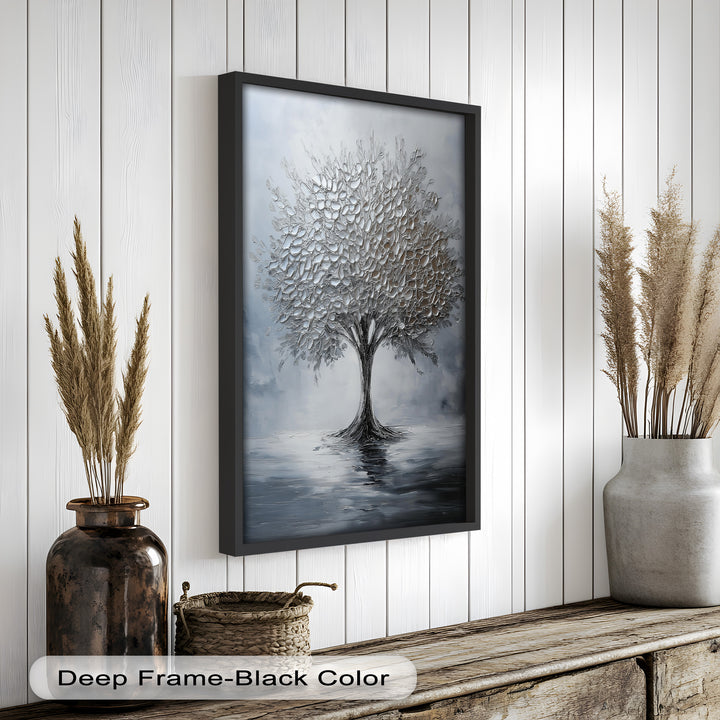 Silver Stillness – Tree in Monochrome Abstract Oil Painting