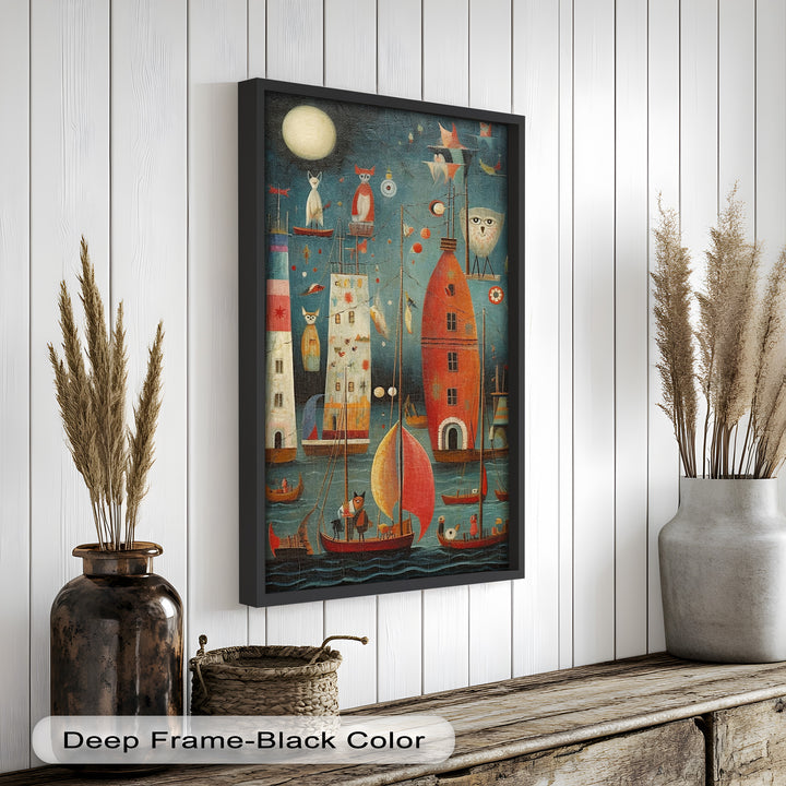Moonlit Harbor Parade – Surreal Cat and Owl Fantasy Oil Painting