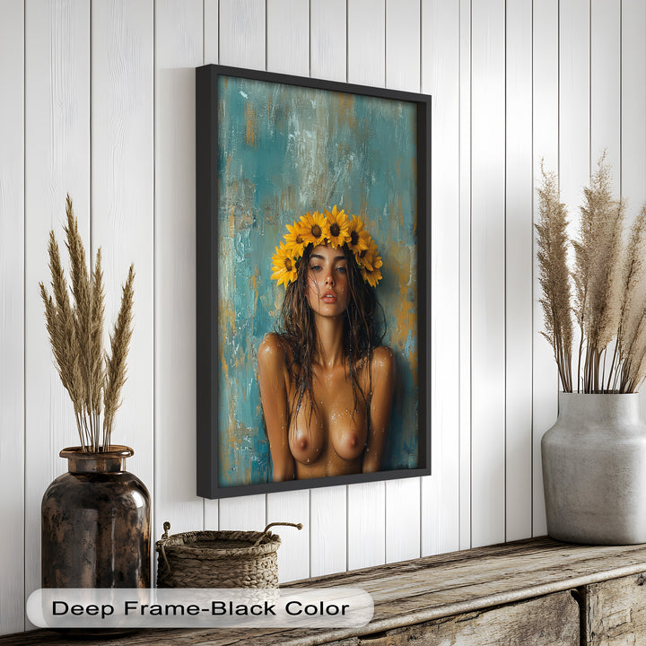 Sun-Kissed Solstice – Woman with Sunflower Crown Abstract Oil Painting