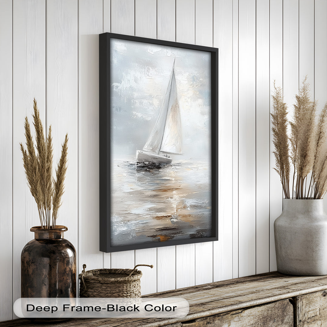 Sailing Through the Mist – White Boat Oil Painting
