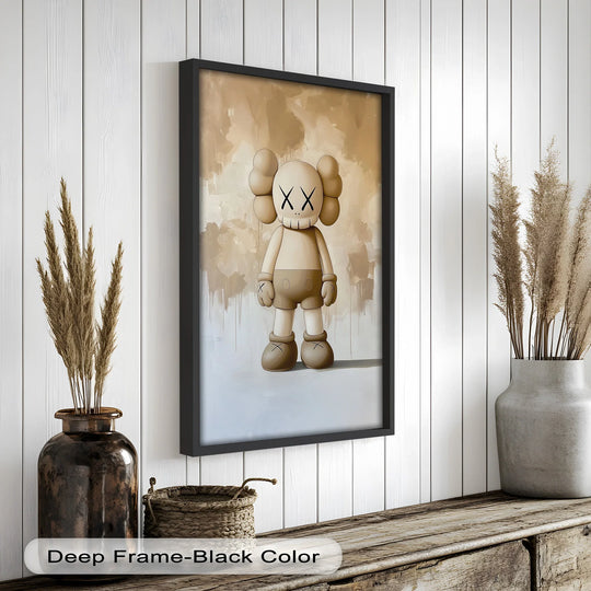Monochrome Companion, a Minimalist KAWS oil painting wall art, commands attention with its bold black frame, offset by the neutral tones of the cartoon artwork.