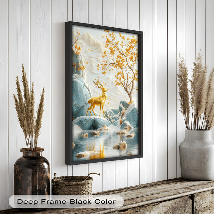 Golden Deer in Snowy Mountain - Animal Oil Painting