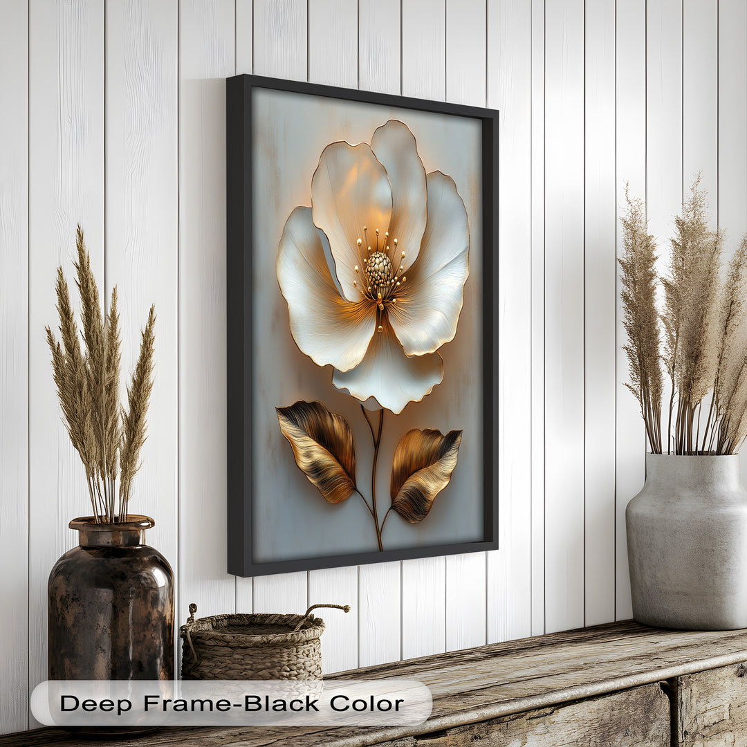 Golden Glow Bloom – White and Gold Flower Oil Painting