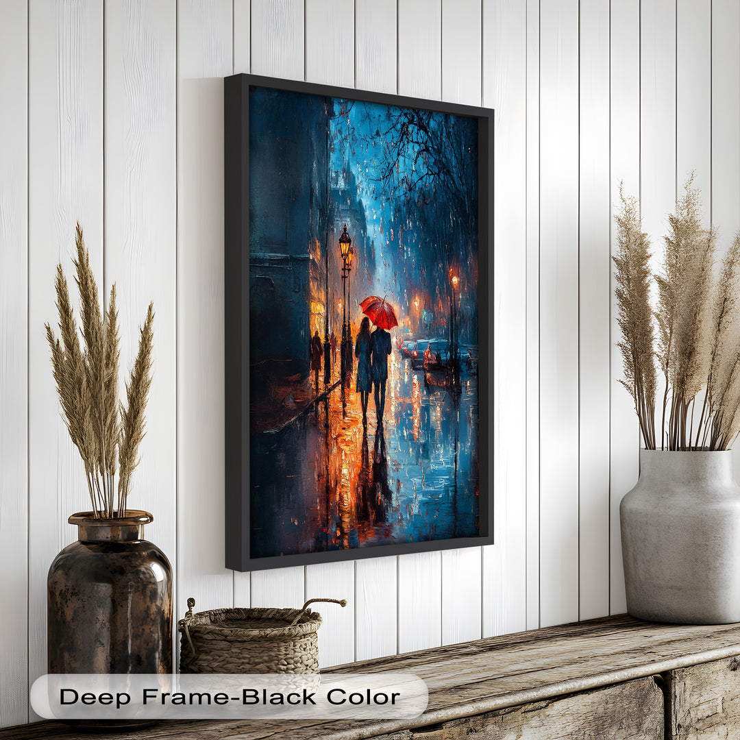 Lovers in the Rain – Romantic Night Street Oil Painting