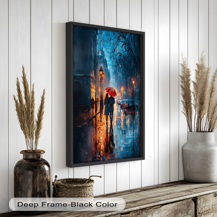Lovers in the Rain – Romantic Night Street Oil Painting