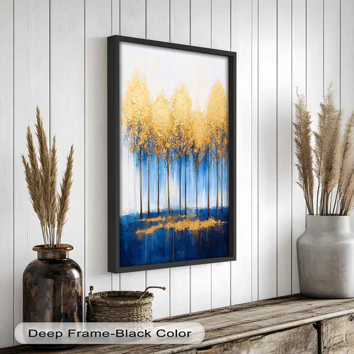Goldene Bäume am blauen Horizont - Abstraktes Ölgemälde