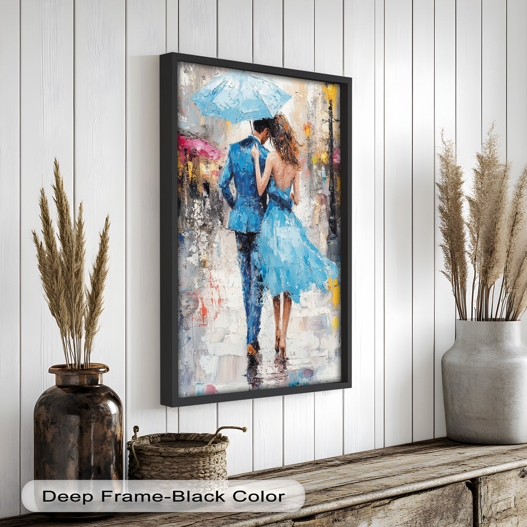 Romantic Couple Strolling in Rain - Love Oil Painting