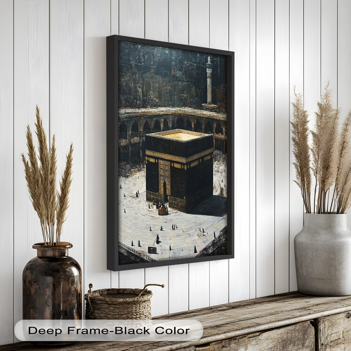A spiritual artwork capturing the Kaaba’s central presence, with surrounding figures reflecting devotion and serenity.