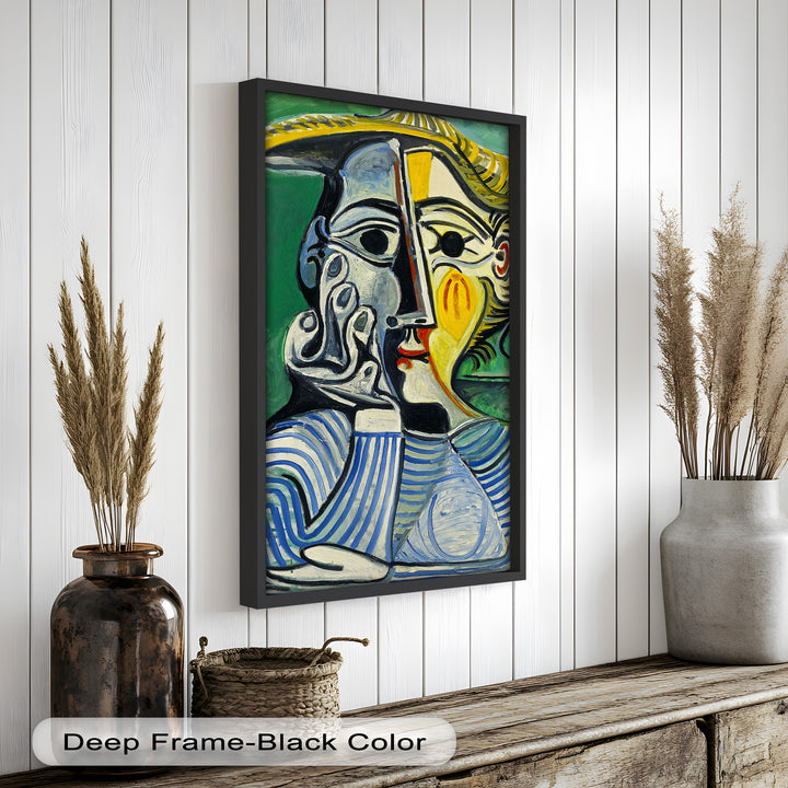 Nachdenklicher Blick – Gestreifte Frau mit Sonnenhut Picasso Ölgemälde