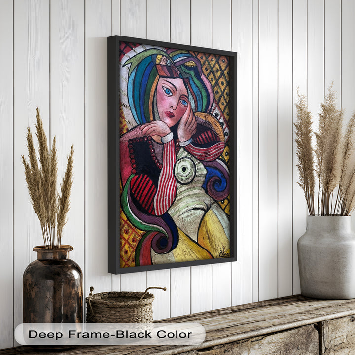 Melancholy in Stripes – Colorful Cubist Woman Portrait Picasso Oil Painting