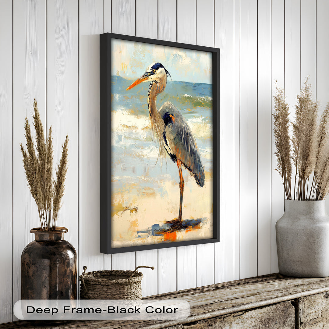 Elegant Heron Standing on Shoreline – Framed Oil Painting