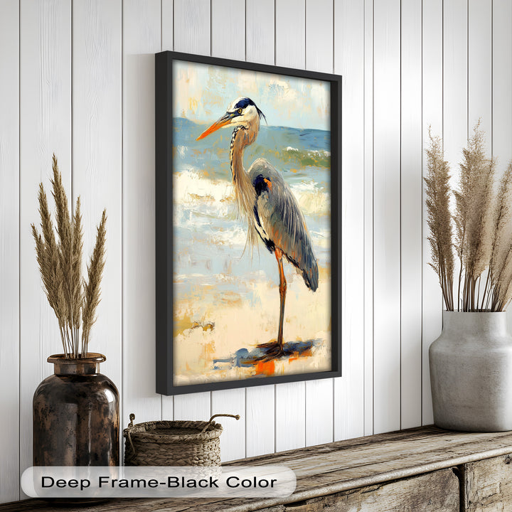 Elegant Heron Standing on Shoreline – Framed Oil Painting