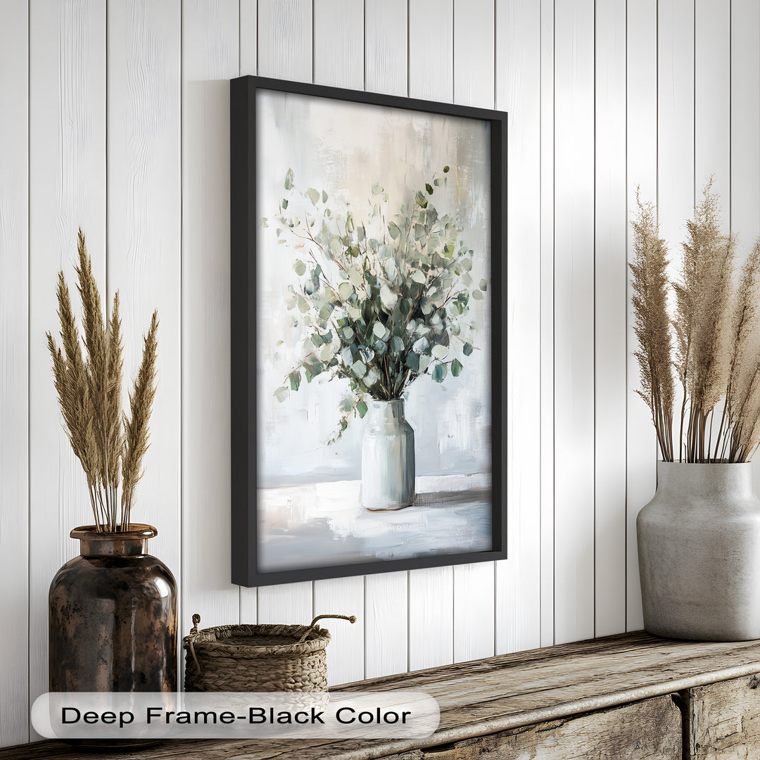 Eucalyptus Essence – Minimalist Greenery in Ceramic Vase Oil Painting