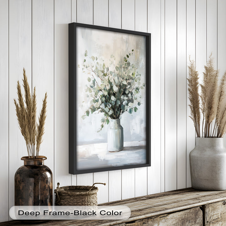 Eucalyptus Essence – Minimalist Greenery in Ceramic Vase Oil Painting