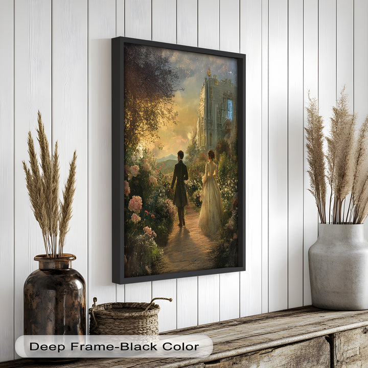 Victorian Lovers at Twilight – Romantic Garden Walk Oil Painting