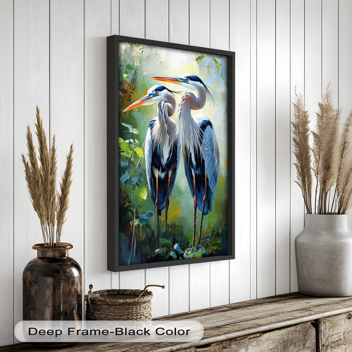 Pair of Herons in Forest Light – Animal Oil Painting