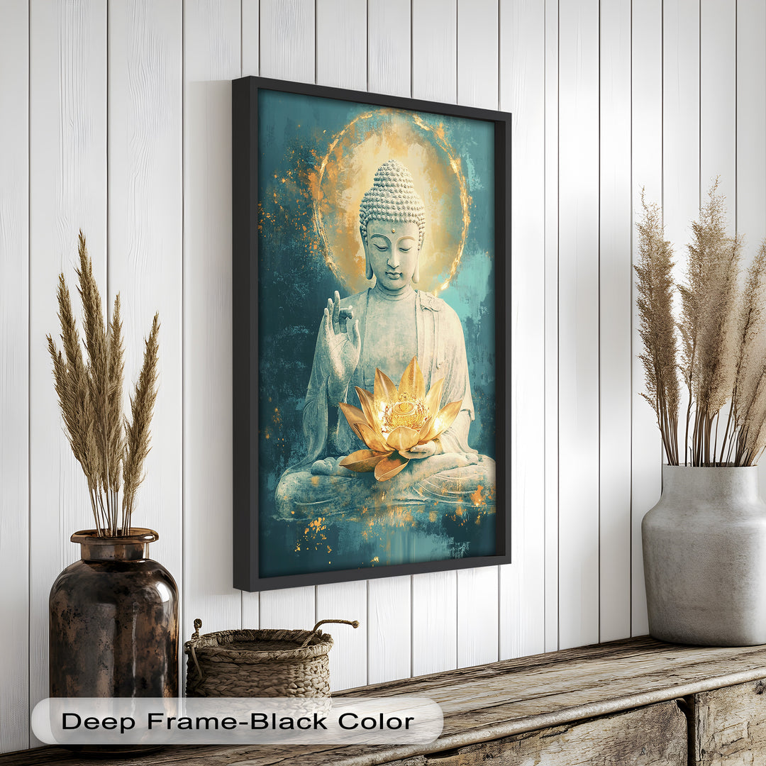 A symbolic representation of Buddha holding a golden lotus flower, radiating calm energy and spiritual peace.