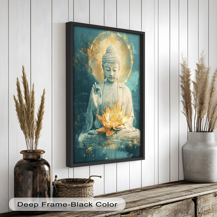 A symbolic representation of Buddha holding a golden lotus flower, radiating calm energy and spiritual peace.