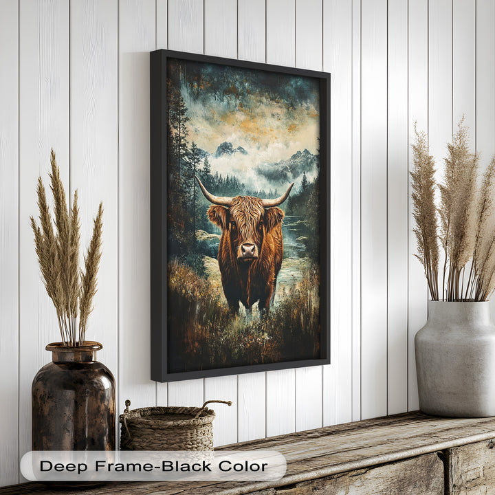 Highland Cow in Misty Pines – Wilderness Oil Painting