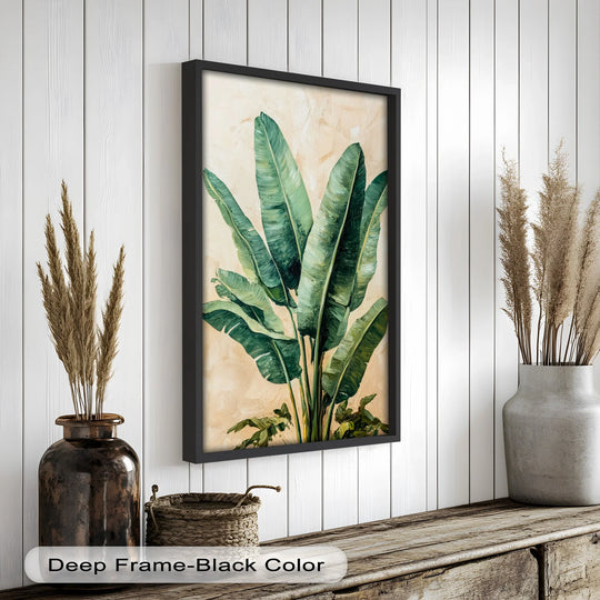 High-quality oil painting decoration shows a detailed, finely crafted botanical art print, highlighting the texture of lush banana leaves.