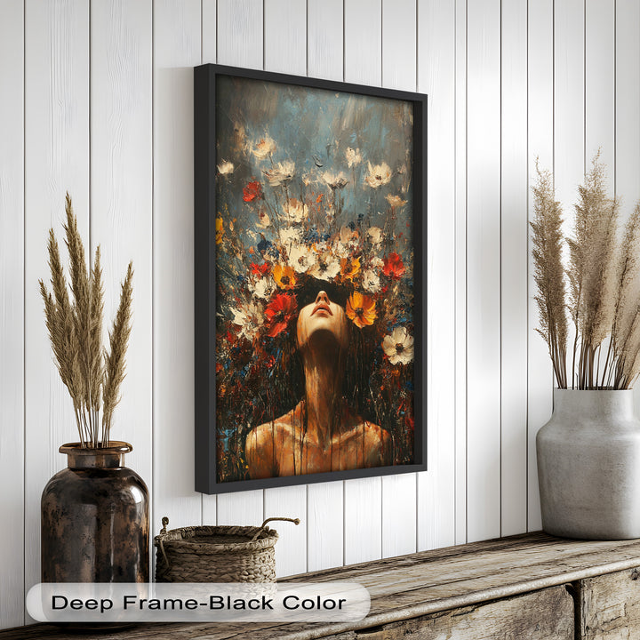 Floral Rebirth – Woman with Blossoming Crown Abstract Oil Painting