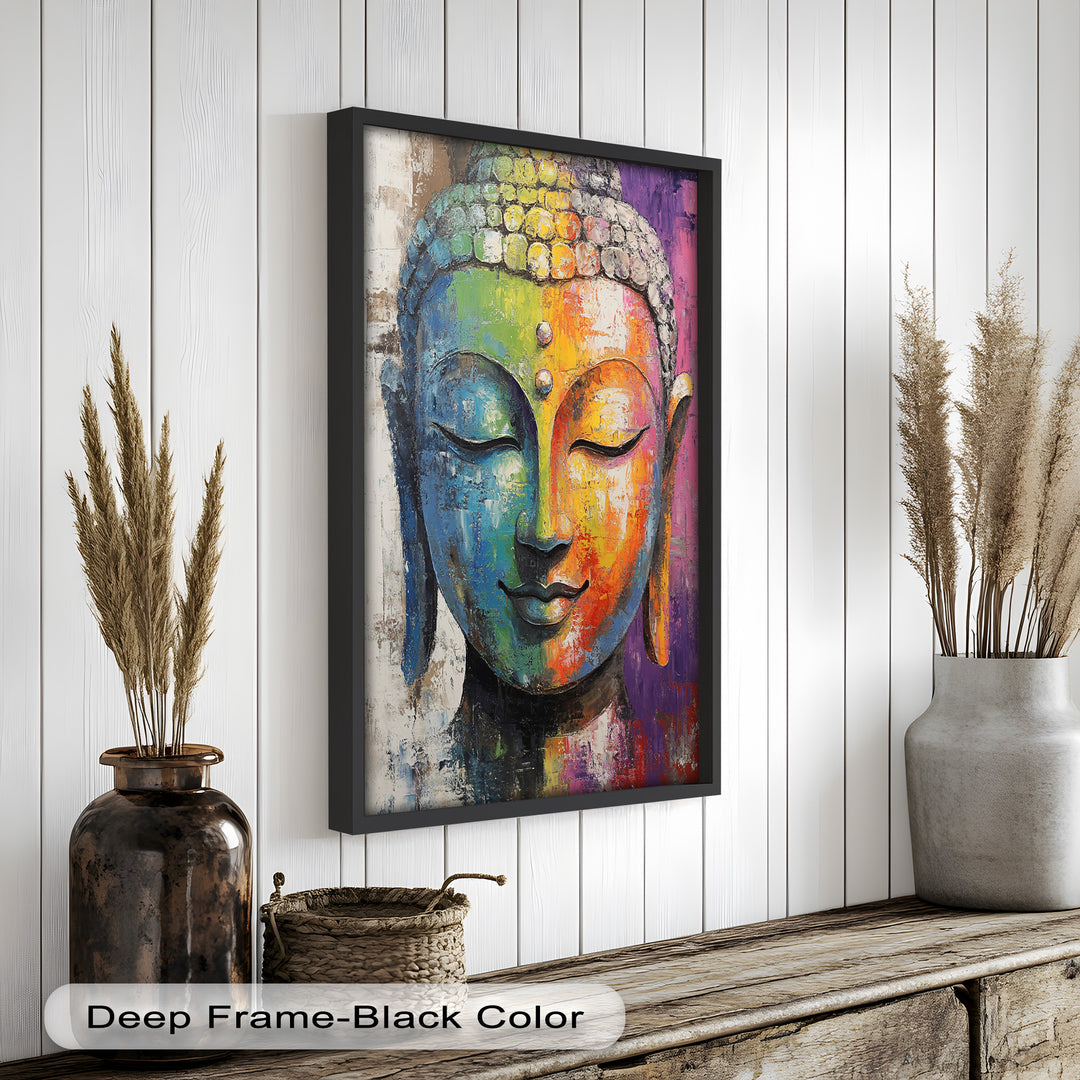 A richly textured Buddha painting in rainbow tones, combining spirituality with bold modern art aesthetics.
