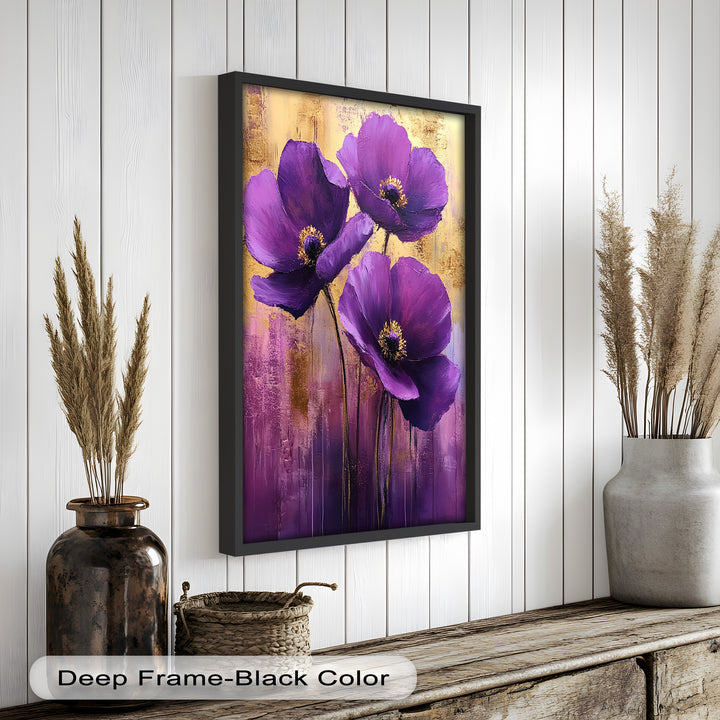 Velvet Blossoms – Purple Floral Elegance with Gold Flower Oil Painting