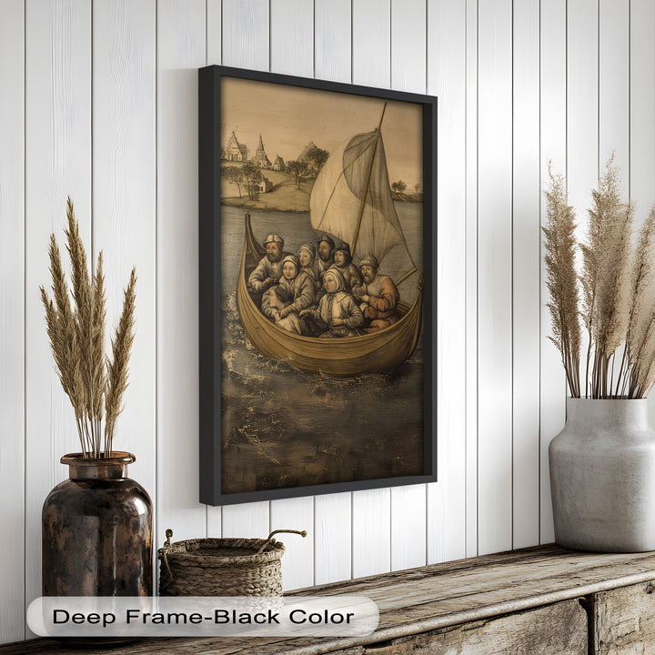 Medieval Sailors in Wooden Vessel - Historic Oil Painting