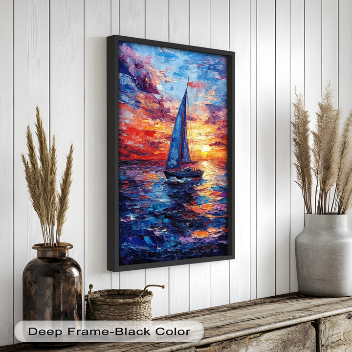 Crimson Horizon – Sunset Voyage Boat Oil Painting