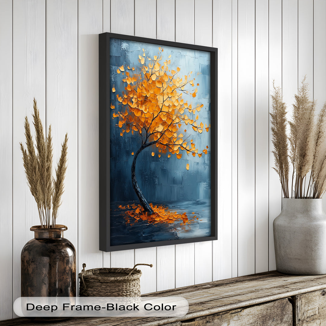 Golden Drift – Bernsteinbaum vor blauem abstraktem Ölgemälde