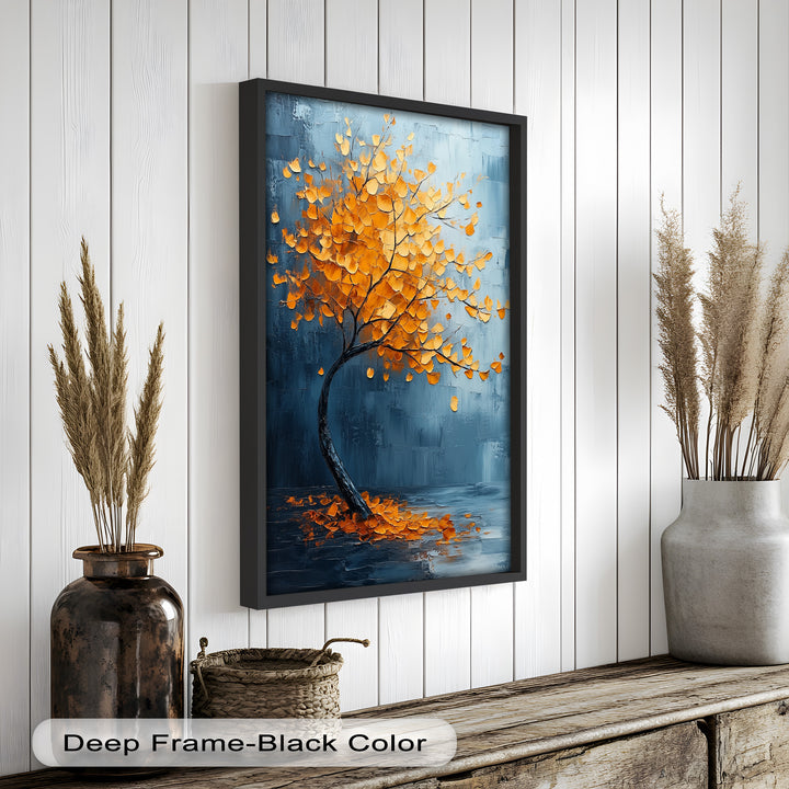 Golden Drift – Bernsteinbaum vor blauem abstraktem Ölgemälde