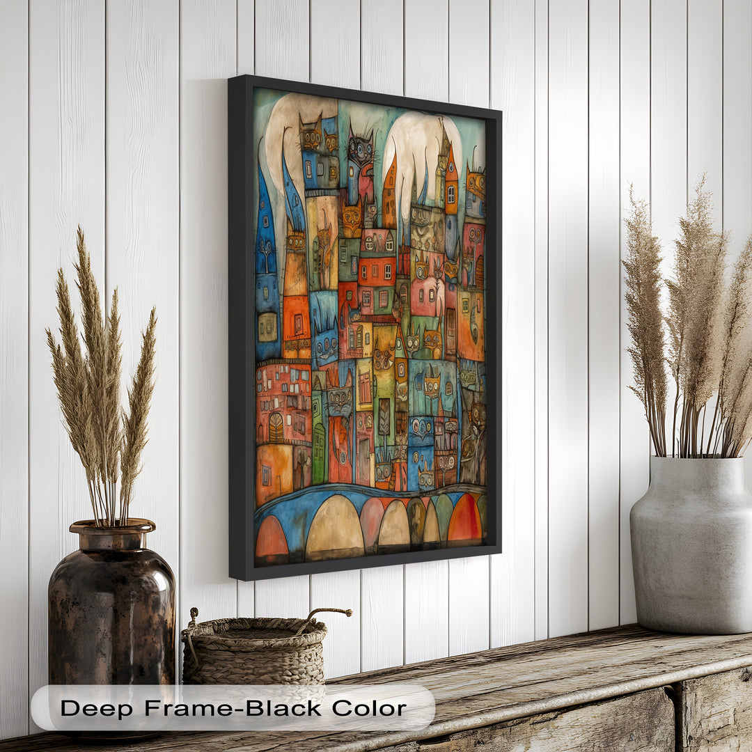 Whimsical Cat Cityscape – Surreal Architecture and Feline Picasso Oil Painting