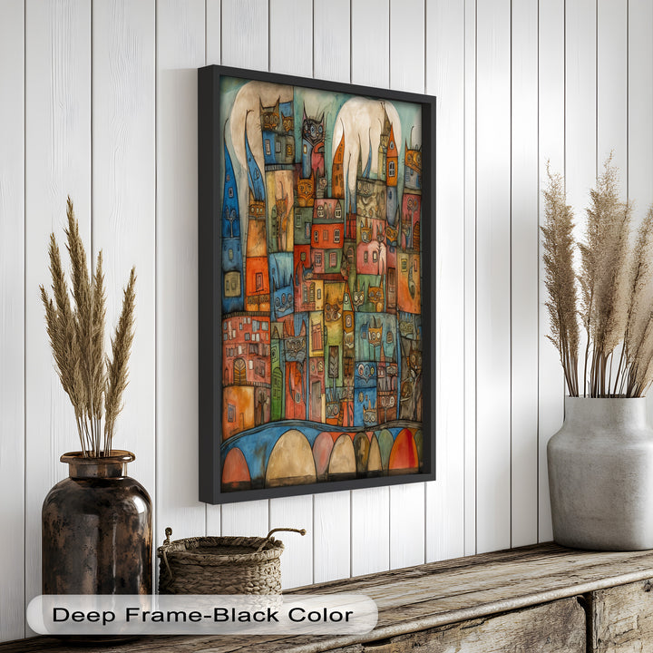 Whimsical Cat Cityscape – Surreal Architecture and Feline Picasso Oil Painting