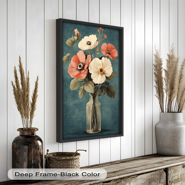 Vintage Mohnblumen in Glasvase – Romantisches Blumenölgemälde