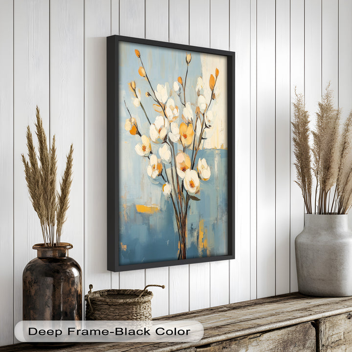 Golden Magnolia – White and Amber Blossoms Flower Oil Painting