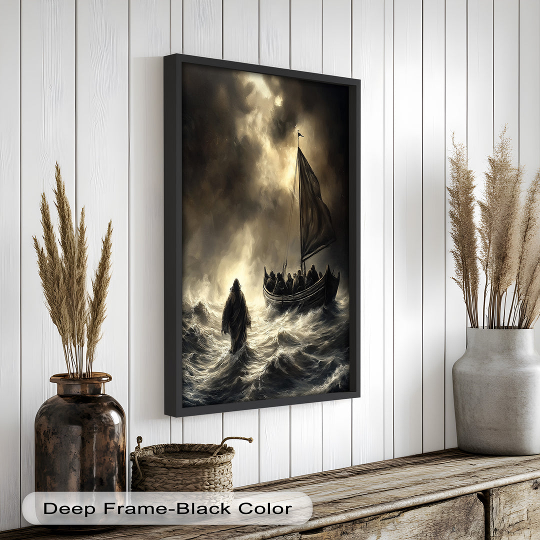 An intense and spiritual portrayal of Jesus walking across the stormy sea, heading toward the boat with his disciples.