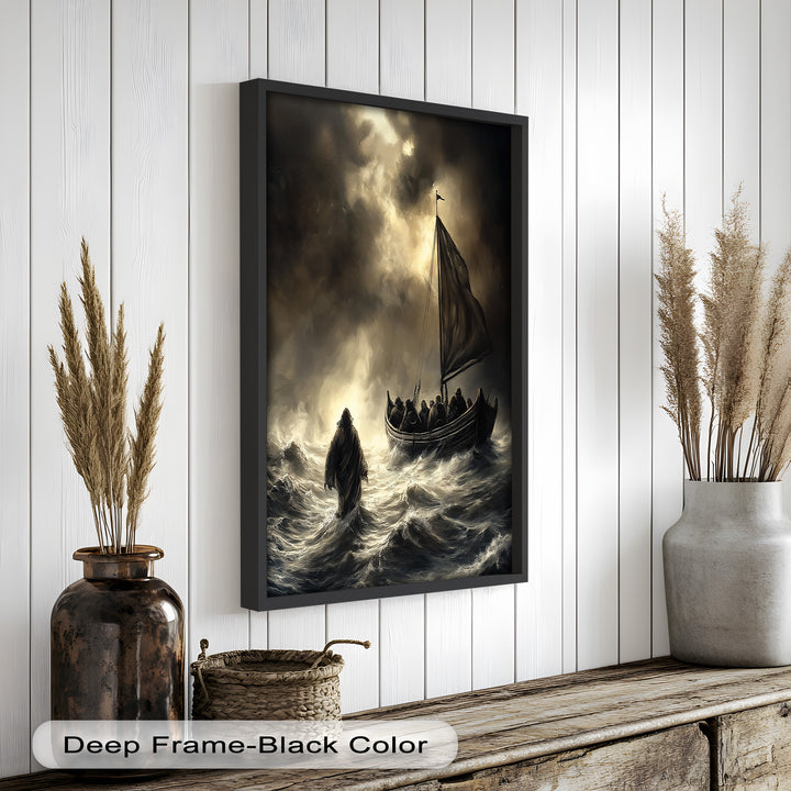 An intense and spiritual portrayal of Jesus walking across the stormy sea, heading toward the boat with his disciples.