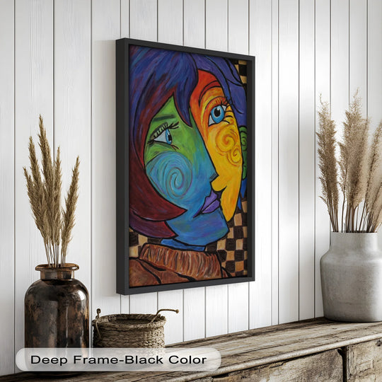 Swirling colors and spiraling brushstrokes convey the sense of movement in this vibrant 'Dual Emotions' oil painting wall art, capturing a captivating abstract portrait.