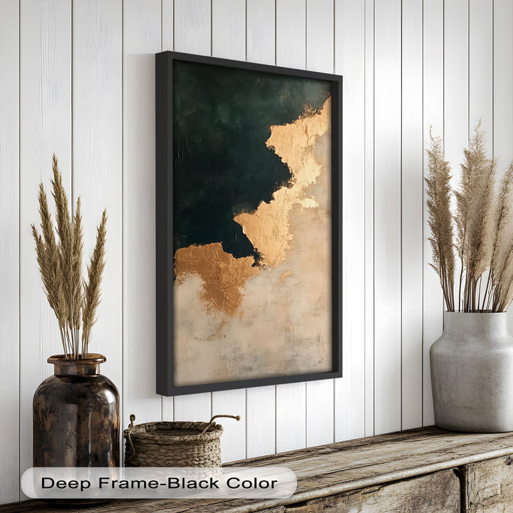 Golden Drift – Minimalistisches abstraktes Ölgemälde in Gold und Dunkelgrün