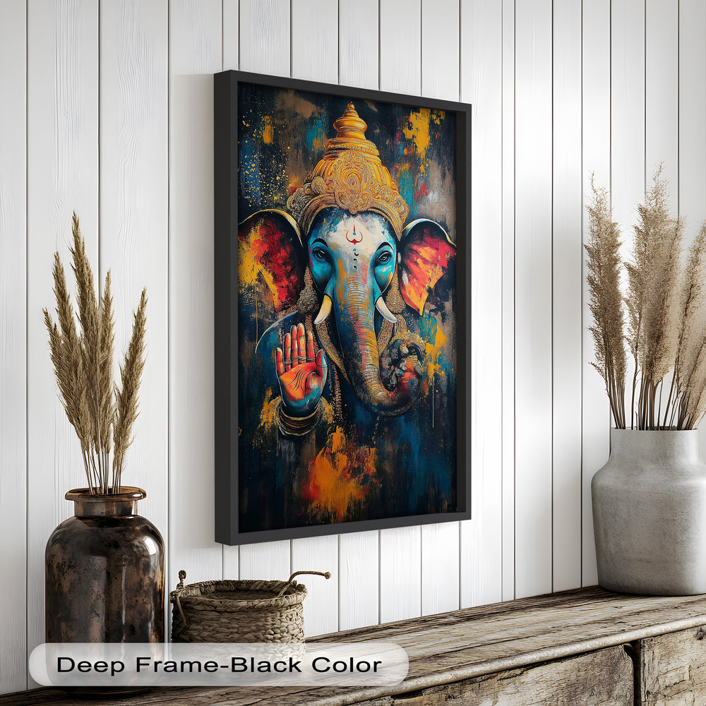 A vivid painting of the Hindu deity Ganesha with a blue face, expressive eyes, and rich golden crown, offering a gesture of protection.