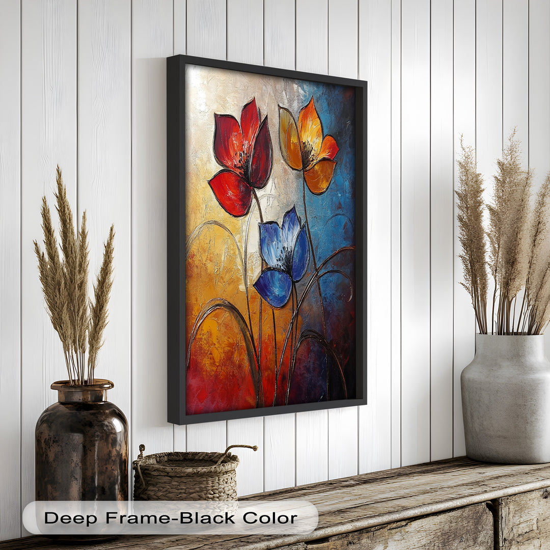 Eternal Bloom – Red, Yellow, and Blue Floral Oil Painting