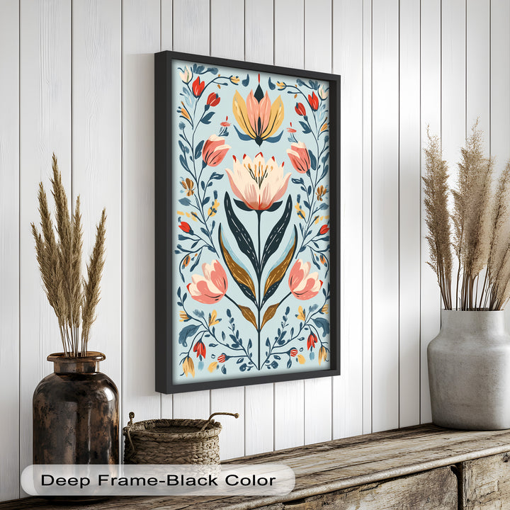 Folk-inspirierte Tulpenharmonie – Boho-Blumenölgemälde