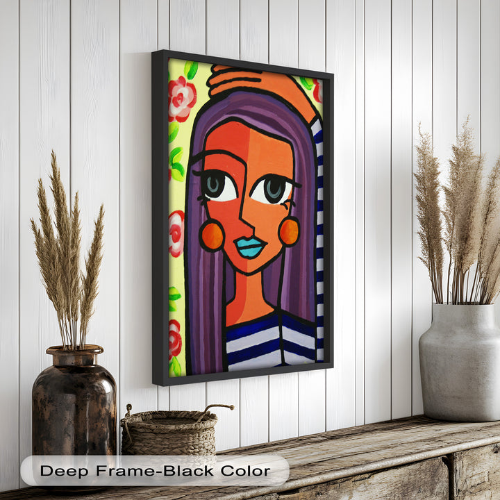 Striped Radiance – Playful Woman with Purple Hair Picasso Oil Painting