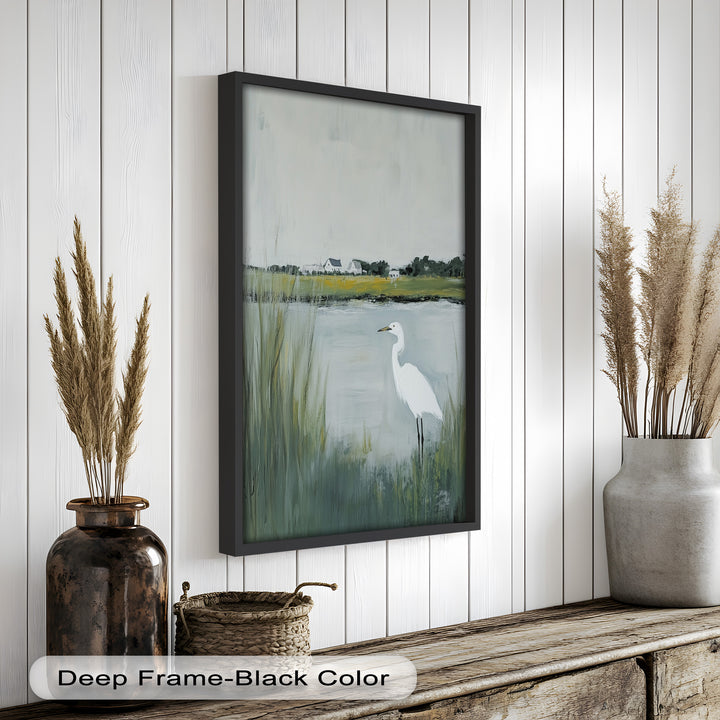 Egret by the Marsh – Minimalist Landscape Oil Painting